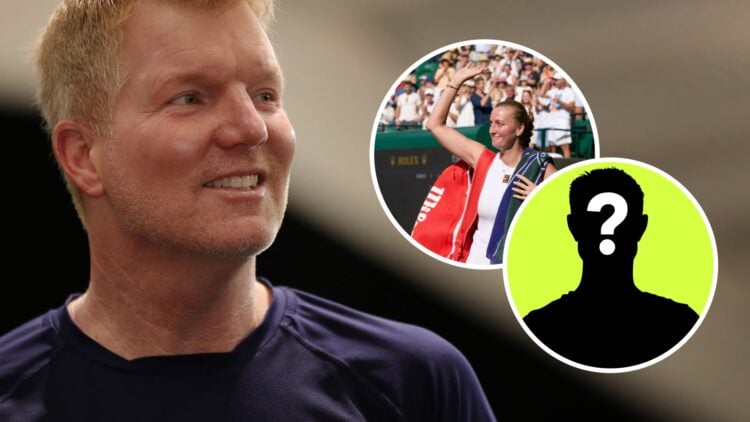 Image of Jim Courier looking on during the 2021 Laver Cup tournament, inset of Petra Kvitova waving goodbye to the fans after her final match at Wi...