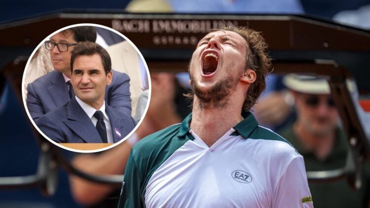 Roger Federer (L) looks on from the royal box on Centre Court at Wimbledon, Alexander Bublik (R) celebrates winning the Swiss Open.