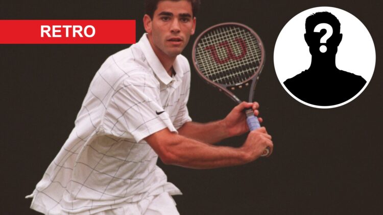 Pete Sampras focuses on the ball as he prepares to hit a return against Greg Rusedski at Wimbledon in 1995, with an inset of a mystery person.