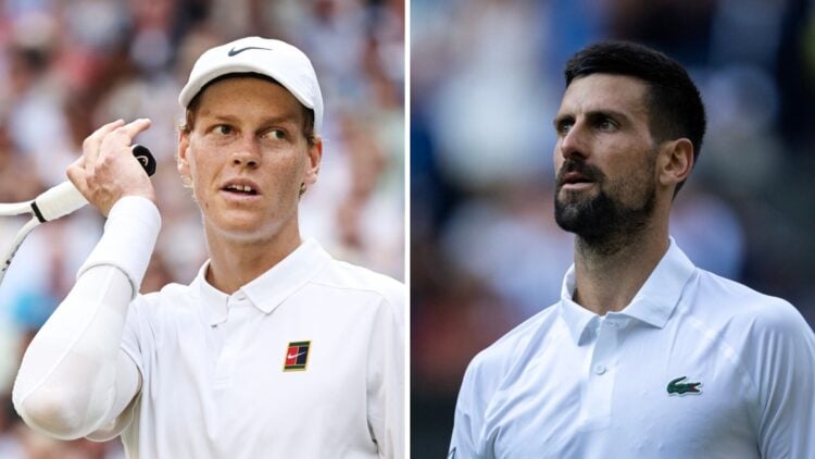 Jannik Sinner (L) reacts during the Wimbledon final, Novak Djokovic (R) looks on at Wimbledon