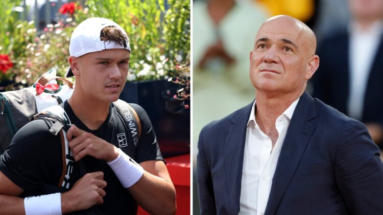 Split image of Holger Rune of Denmark makes his way to court for his Men's Singles First Round match against Christopher O'Connell of Australia on ...