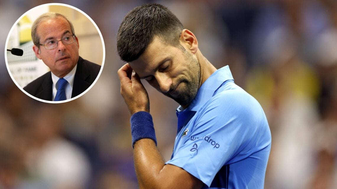 Novak Djokovic of Serbia reacts after a point against Radu Albot of Moldova during their Men's Singles First Round match on Day One of the 2024 US ...