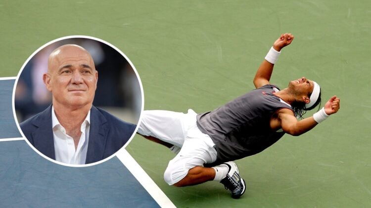 Andre Agassi (L) at the French Open, Rafael Nadal (R) celebrates winning the 2005 Canadian Open.