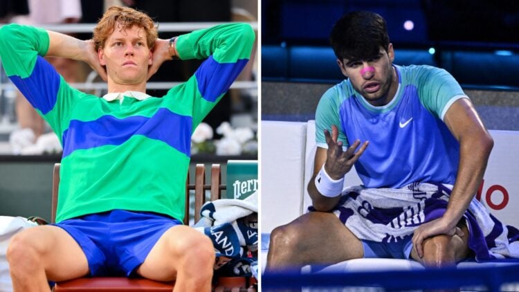 Split image of Jannik Sinner of Italy looks dejected before the trophy ceremony following his defeat to Carlos Alcaraz of Spain in the Men’s Single...