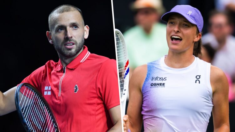 Dan Evans of England celebrates as wins his match with Aiden McHugh. Iga Swiatek of Poland celebrates defeating Jasmine Paolini of Italy in the sem...
