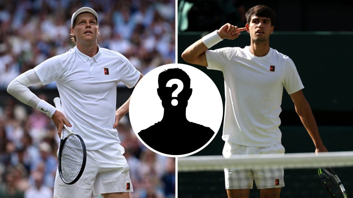 Split image of Jannik Sinner of Italy reacts against Carlos Alcaraz of Spain during the Gentlemen's Singles final match on day fourteen of The Cham...