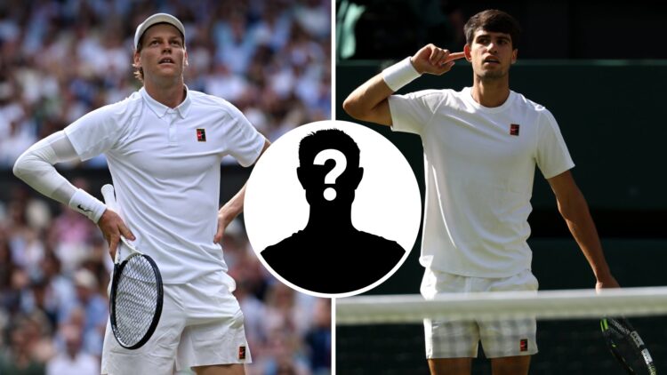 Split image of Jannik Sinner of Italy reacts against Carlos Alcaraz of Spain during the Gentlemen's Singles final match on day fourteen of The Cham...