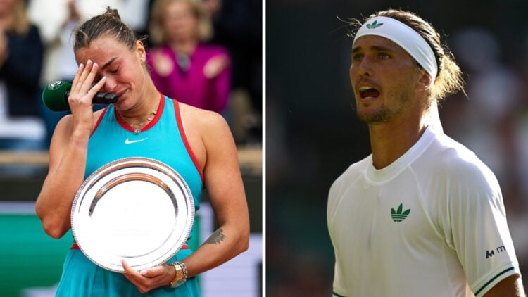 Aryna Sabalenka (left) cries after French Open final and Alexander Zverev (right) looks on