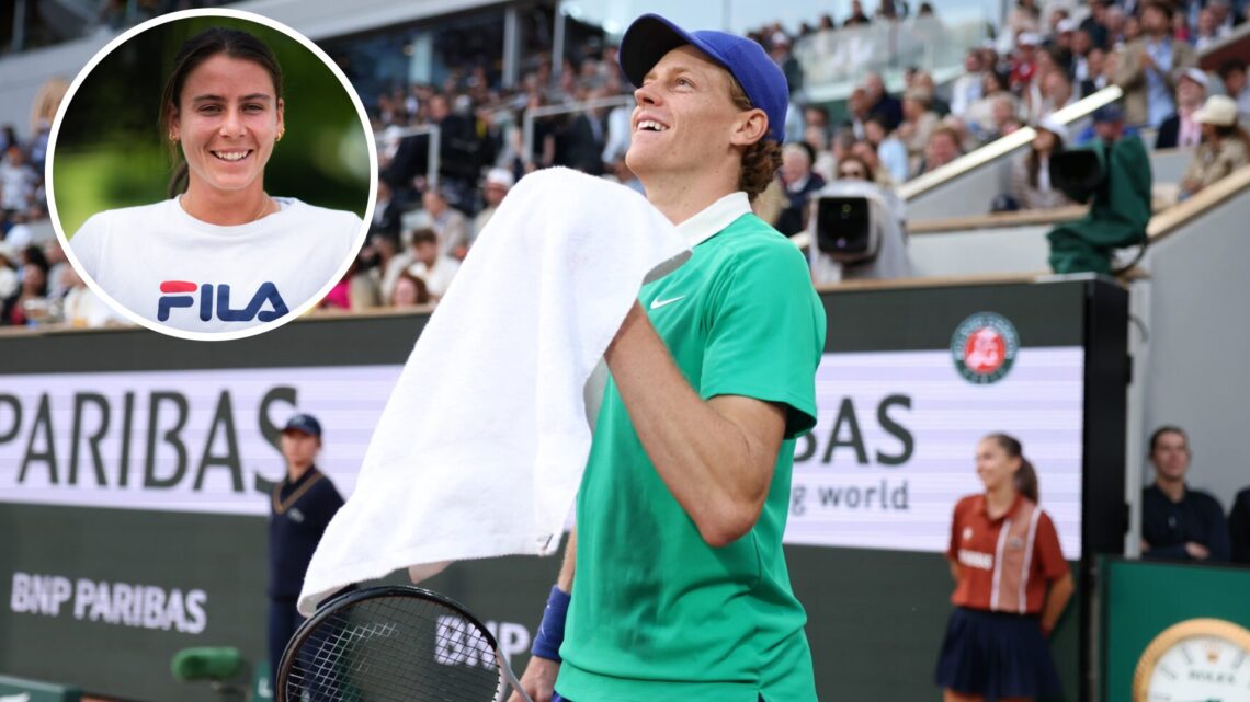 Jannik Sinner of Italy looks up at the big screen after a rally against Carlos Alcaraz of Spain in the fifth set during the Men's Singles Final mat...