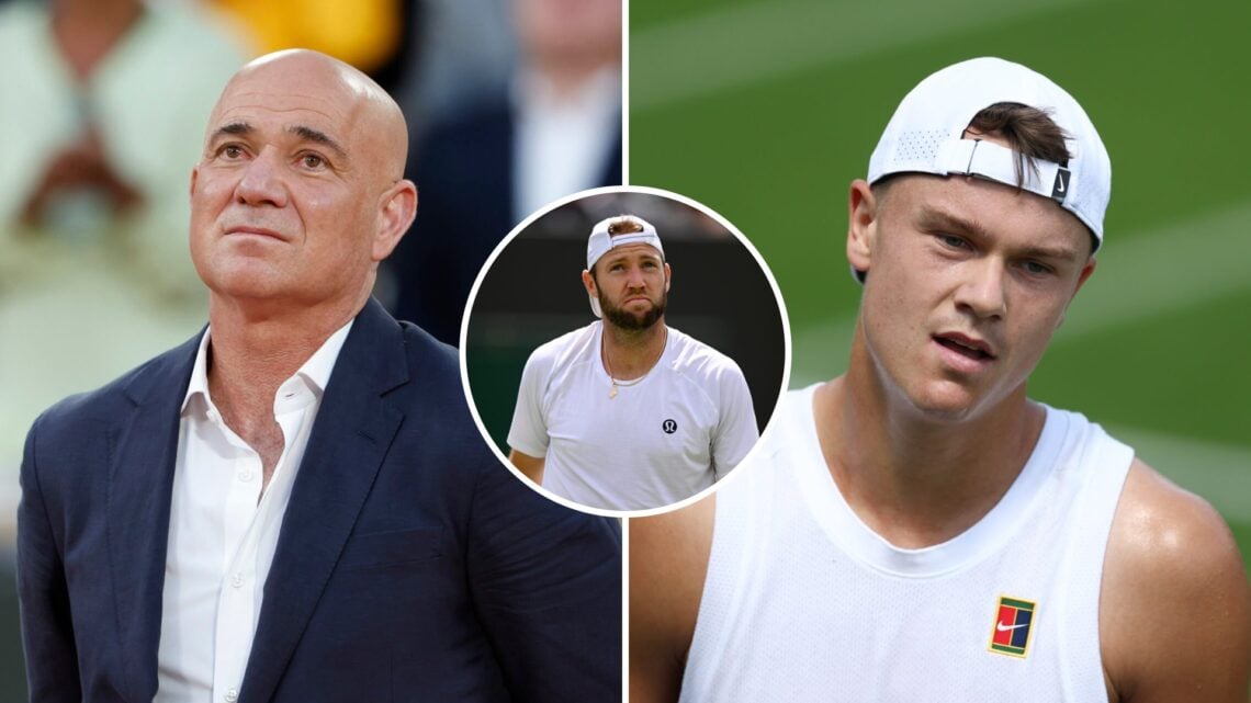Split image of Andre Agassi at the 2025 French Open final ceremony (L) and Holger Rune looking on during Wimbledon 2025 practice (R), inset Jack So...
