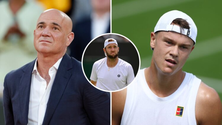 Split image of Andre Agassi at the 2025 French Open final ceremony (L) and Holger Rune looking on during Wimbledon 2025 practice (R), inset Jack So...