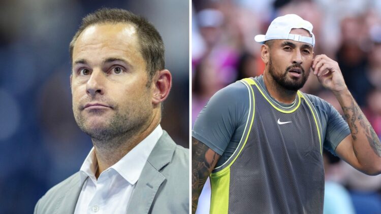Split image of Andy Roddick attending the 2023 US Open men's final trophy ceremony (L) and Nick Kyrgios reacting during the 2025 Australian Open (R)