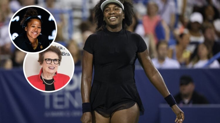 Venus Williams reacts during a women's single match against Peyton Stearns on day 2 of the Mubadala Citi DC Open 2025, with insets of Naomi Osaka o...