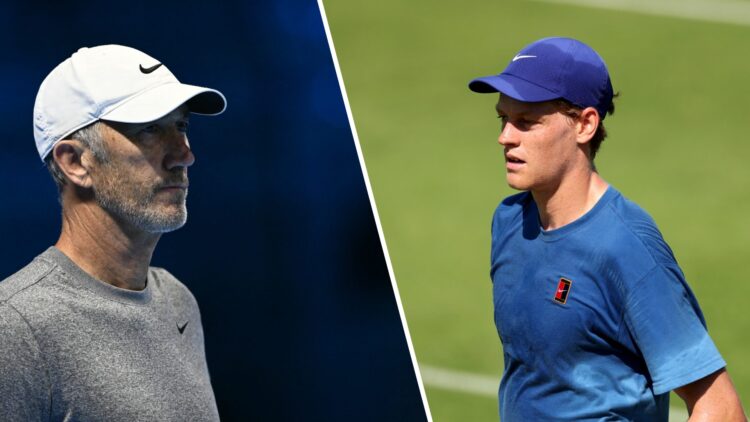 Split image of Darren Cahill looking on during the 2024 ATP Finals (L) and Jannik Sinner practicing ahead of Wimbledon 2025 (R)