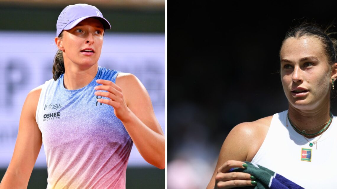 Split image of Iga Swiatek of Poland looks on during the Women's Singles Semi Final match on Day Twelve of the 2025 French Open at Roland Garros an...