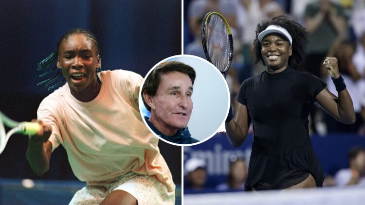Split image of Venus Williams of the USA, aged 14, in action during her professional debut at the Bank of the West Classic in Oakland and Venus Wil...