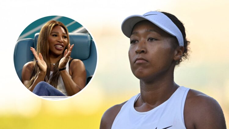Image of Naomi Osaka looking on during her first-round match at Wimbledon in 2025, inset of Serena Williams watching Novak Djokovic play Lorenzo Mu...