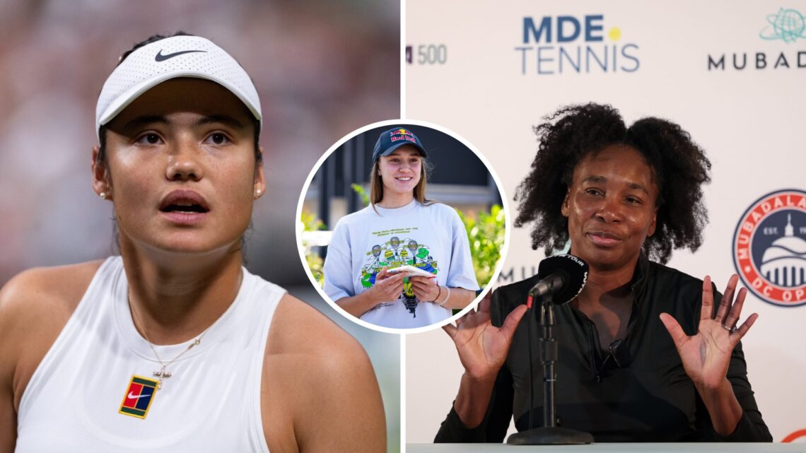 Split image of Emma Raducanu of Great Britain during Day Five of The Championships Wimbledon 2025 at All England Lawn Tennis and Croquet Club and V...