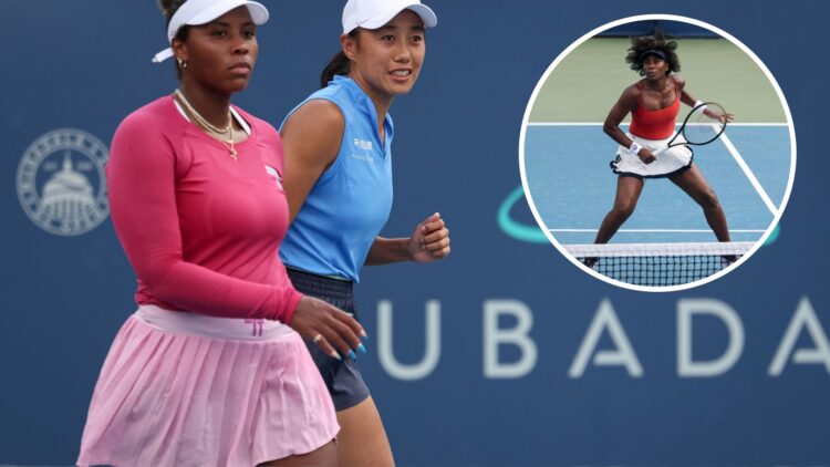 Taylor Townsend and Shuai Zhang react after a point against Hailey Baptiste and Venus Williams during a women's doubles match on day 3 of the Mubad...