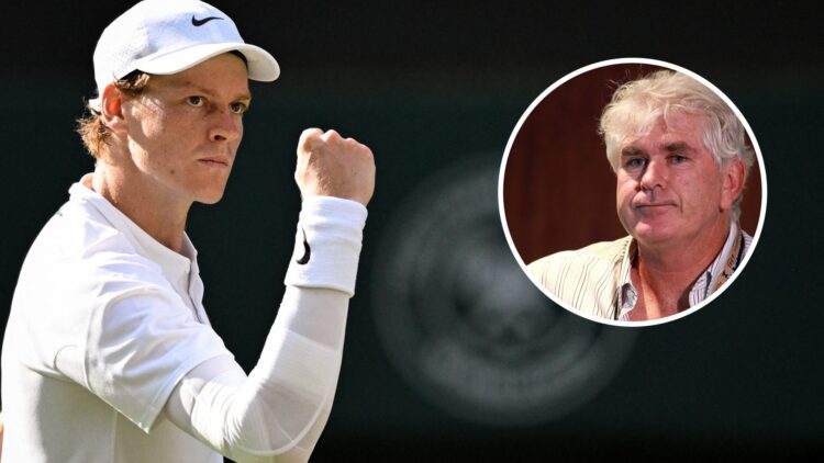 Image of Jannik Sinner celebrating a point against Carlos Alcaraz in the 2025 Wimbledon final, inset of tournament director Paul McNamee speaking t...