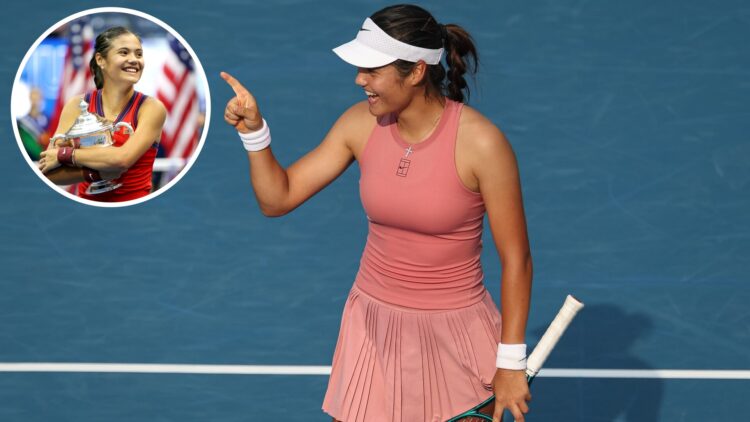 Emma Raducanu reacts after winning a women's singles match against Marta Kostyuk on day 2 of the Mubadala Citi DC Open 2025, with an inset of Emma ...