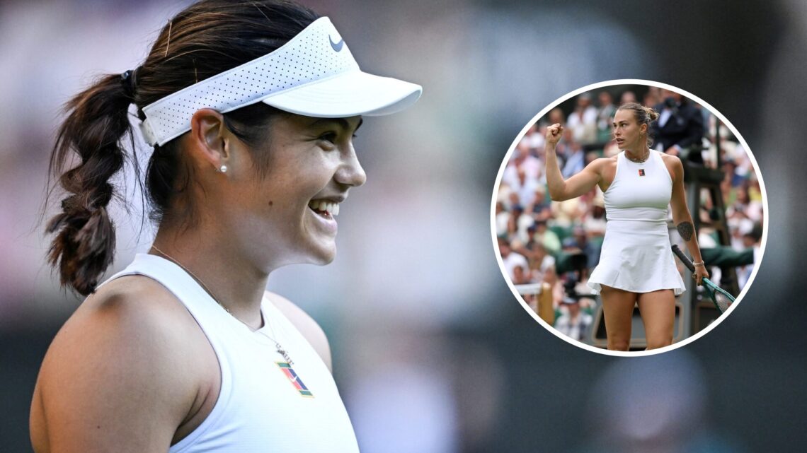 Image of Emma Raducanu celebrating her win over Marketa Vondrousova at Wimbledon, inset of Aryna Sabalenka in action at the 2025 Wimbledon Champion...