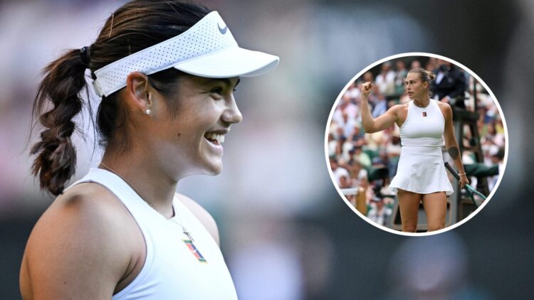 Image of Emma Raducanu celebrating her win over Marketa Vondrousova at Wimbledon, inset of Aryna Sabalenka in action at the 2025 Wimbledon Champion...