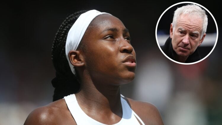 Coco Gauff during her match against Simona Halep in their Ladies' Singles Fourth Round match during Day 7 of The Championships, with an inset of Jo...