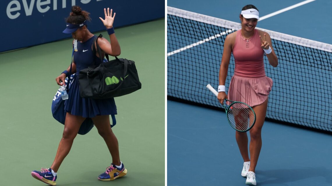 Naomi Osaka (left) waves as she walks off court and Emma Raducanu (right) puts up a peace sign