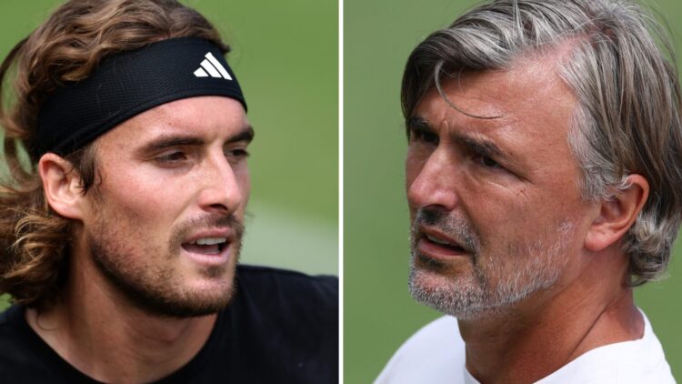 Stefanos Tsitsipas (L) preparing at Wimbledon, Goran Ivanisevic (R) at Wimbledon in 2025.