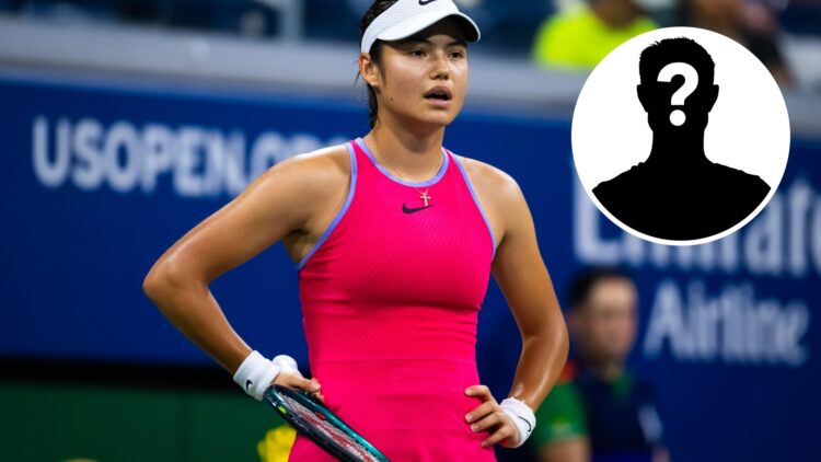 Emma Raducanu looking shocked during the 2024 US Open as the main image with the mystery as an inset