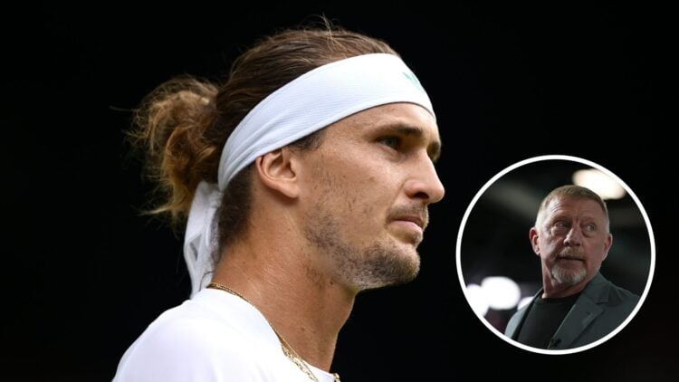 Main: Alexander Zverev reacts during his 2025 Wimbledon first round match. Inset - Boris Becker watching handball at the 2024 Paris Olympics