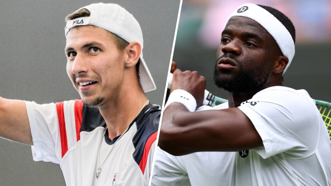 Alexei Popyrin celebrating. Frances Tiafoe playing tennis.