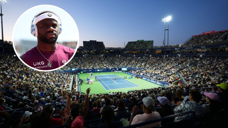 Main: An overhead shot of the Canadian Open's main show court. Inset: Frances Tiafoe walking with his headphones on at the Queen's Club Championships