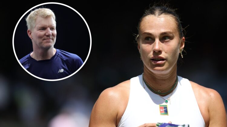 Aryna Sabalenka during her Ladies' Singles First Round match against Carson Branstine during day one of The Championships Wimbledon 2025 at All Eng...