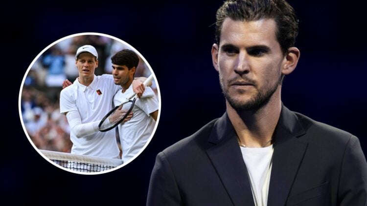 Jannik Sinner and Carlos Alcaraz (L) embrace after the Wimbledon final, Dominic Thiem (R) attends a retirement ceremony.