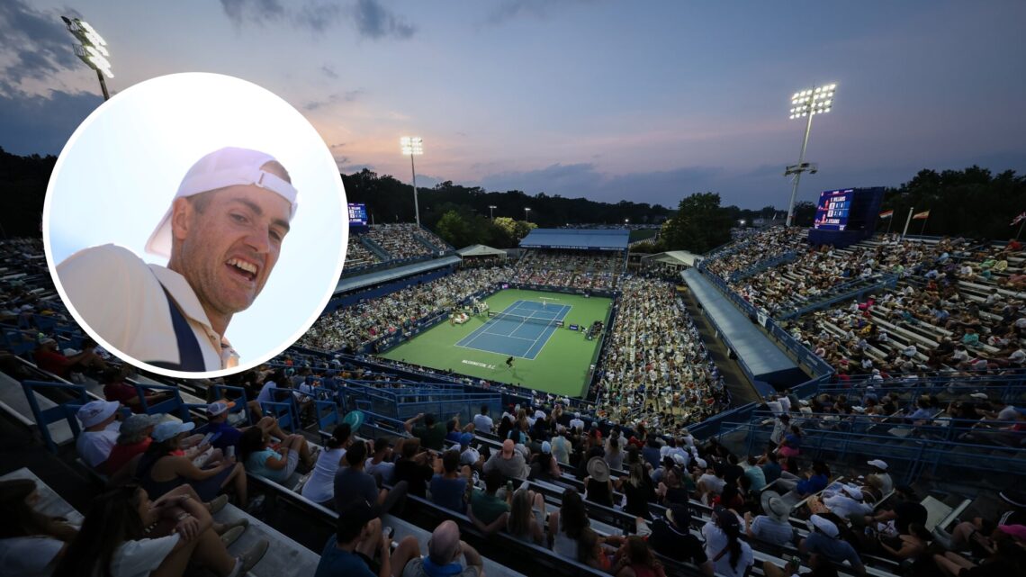 Main: An overhead shot of the Citi Open crowd as Venus Williams plays Peyton Stearns. Inset: John Isner reacts during the final match of his career...