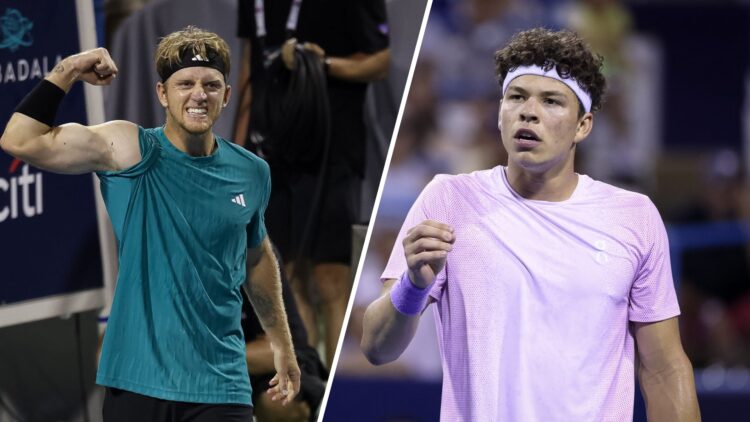 Split image of Alejandro Davidovich Fokina of Spain celebrates after winning their men's singles match against Taylor Fritz of the United States on...