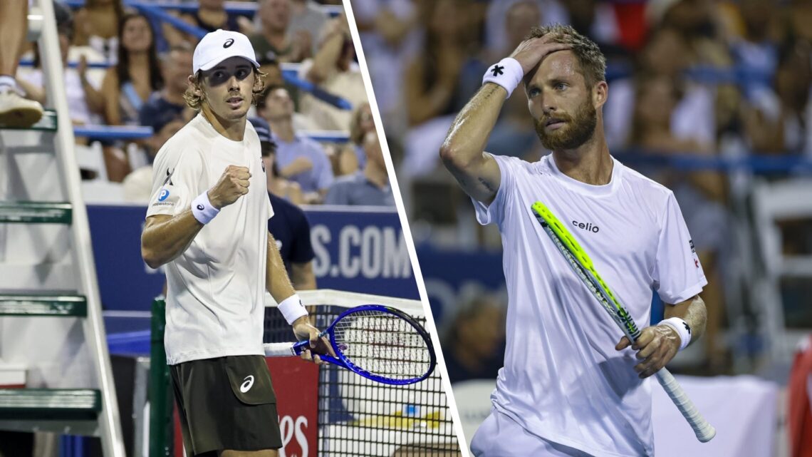 Split image of Alex De Minaur of Australia celebrates after a point during the men's singles match against Corentin Moutet of France on day 6 of th...