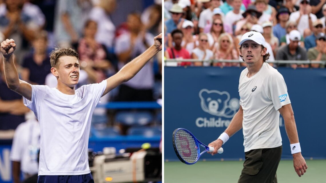 Split image of Alex de Minaur during day six match of the 2018 Citi Open on August 04, 2018 at Rock Creek Park Tennis Center in Washington D.C. and...