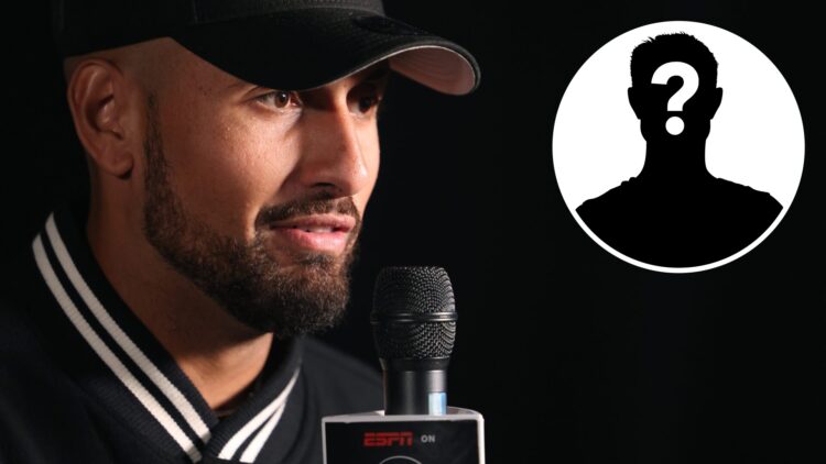 Nick Kyrgios is interviewed during the ESPN on Disney+ Launch Party at The Venue Alexandria, with an inset of a mystery person.