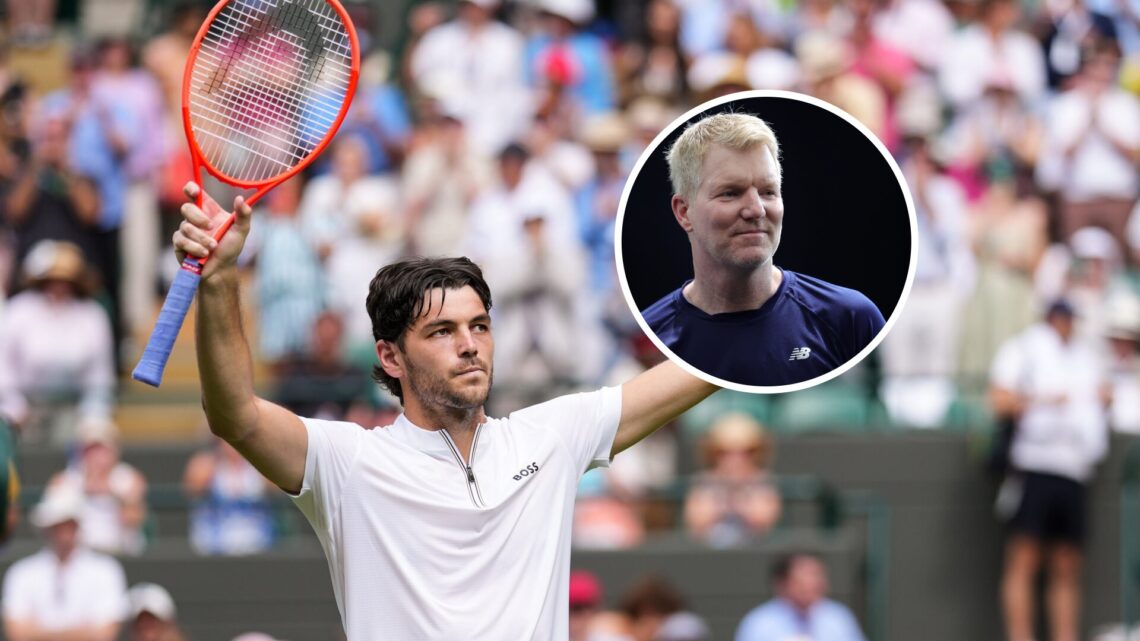 Main: Taylor Fritz beats Giovanni Mpetshi-Perricard at Wimbledon and Inset: Jim Courier