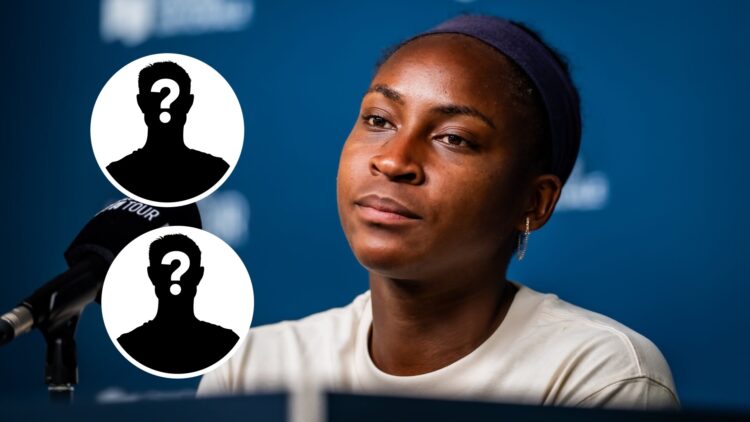 Coco Gauff at a Canadian Open press conference with two mystery insets.