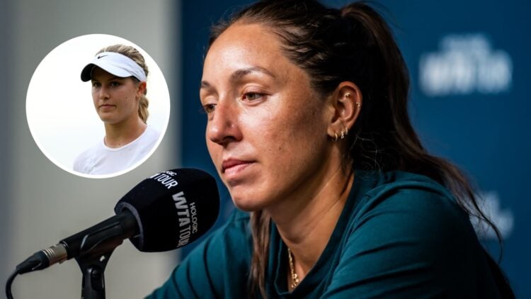 Jessica Pegula at a Canadian Open press conference, with an inset of Eugenie Bouchard of Canada looks on during her Ladies' Singles third round mat...