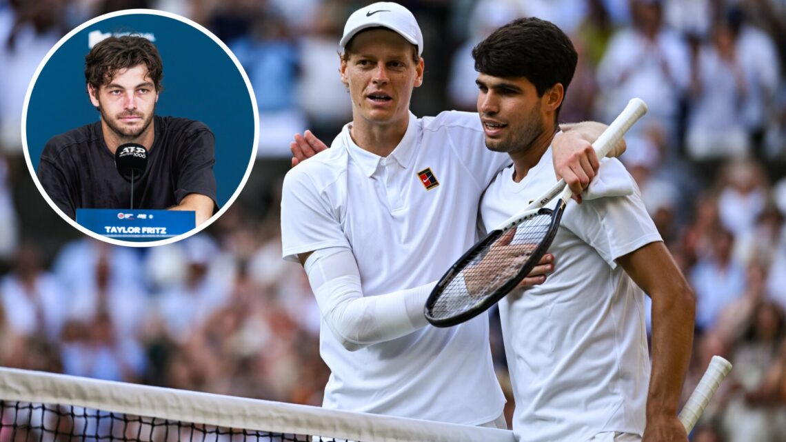 Jannik Sinner of Italy and Carlos Alcaraz of Spain after the Men's Singles Final on day fourteen of The Championships Wimbledon 2025 at All England...