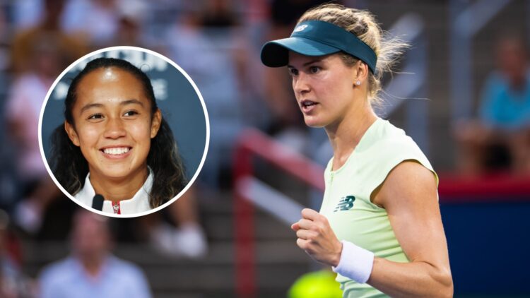 Image of Eugenie Bouchard celebrating a point during her first-round win at the 2025 Canadian Open, inset of Leylah Fernandez speaking to the media...