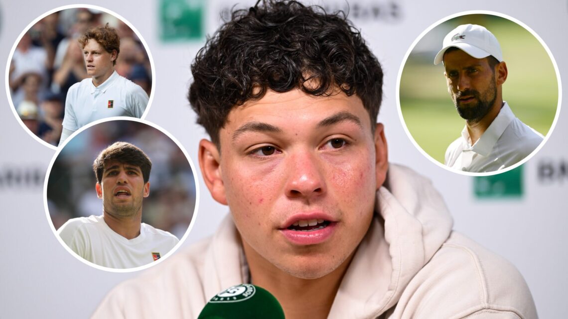 Ben Shelton of the United States attends a press conference ahead of the 2025 French Open at Roland Garros, with insets of Novak Djokovic of Serbia...