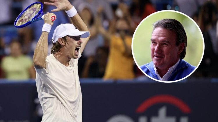 Image of Alex de Minaur celebrating his win at the 2025 Washington Open, inset of Jimmy Connors answering questions during an interview at the 2012...