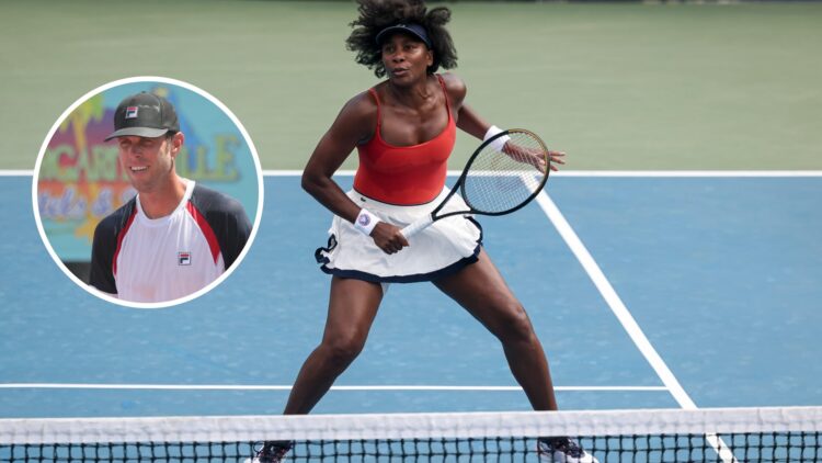 Main: Venus Williams during a doubles rally at the Cincinnati Open. Inset: Sam Querrey