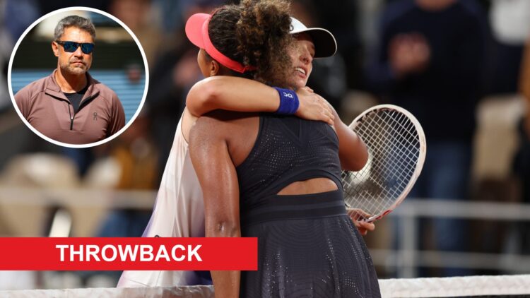 Iga Swiatek of Poland hugs Naomi Osaka of Japan after her victory in the Women's Singles second round match during Day Four of the 2024 French Open...